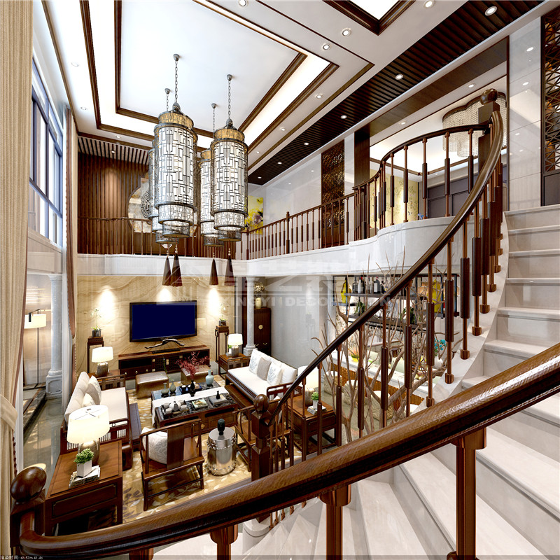 港龍小區(qū)300平新中式客廳裝修設計效果圖