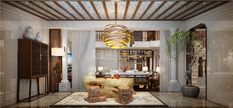 港龍小區(qū)300平新中式茶藝區(qū)裝修設計效果圖