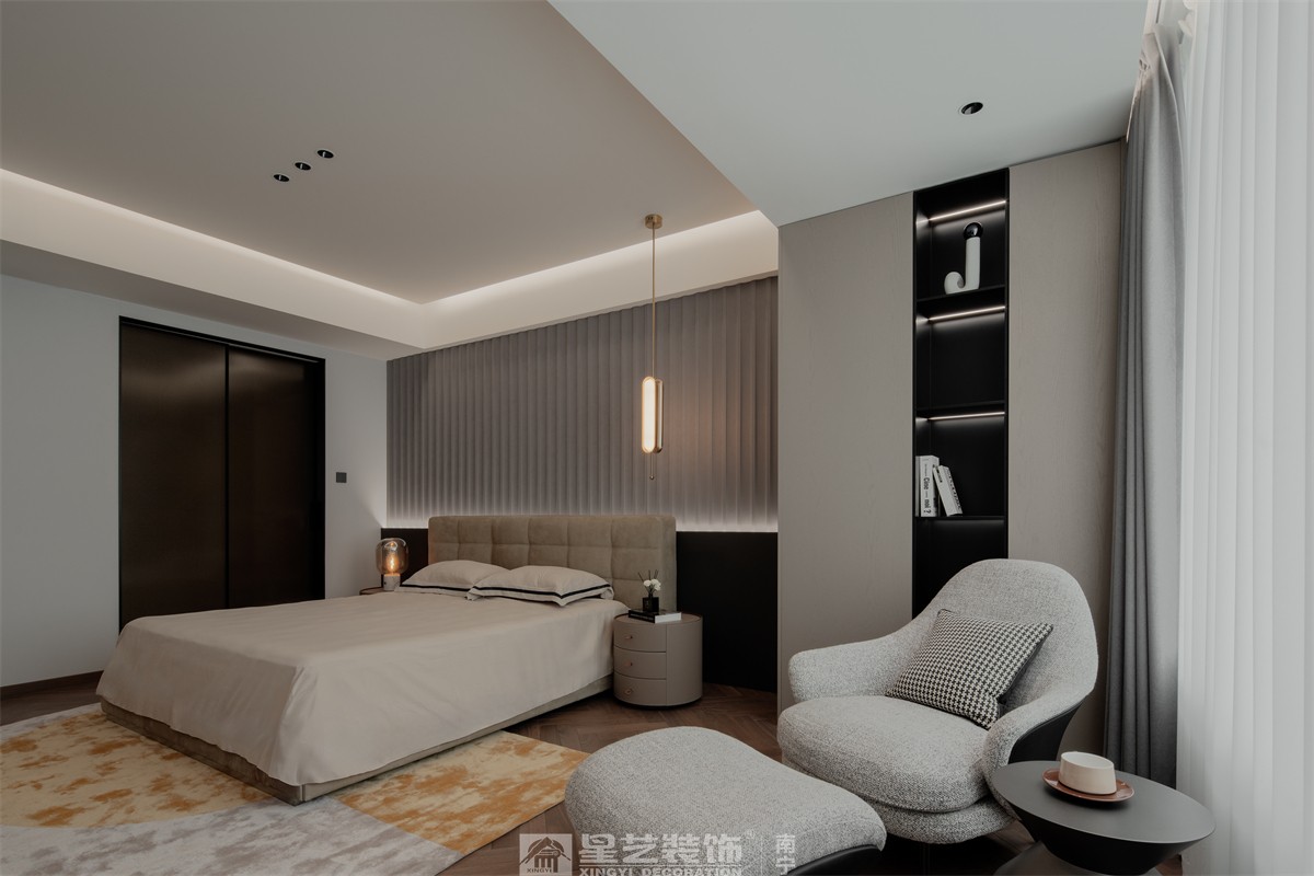 中海央墅500平現(xiàn)代極簡臥室裝修完工實(shí)景圖